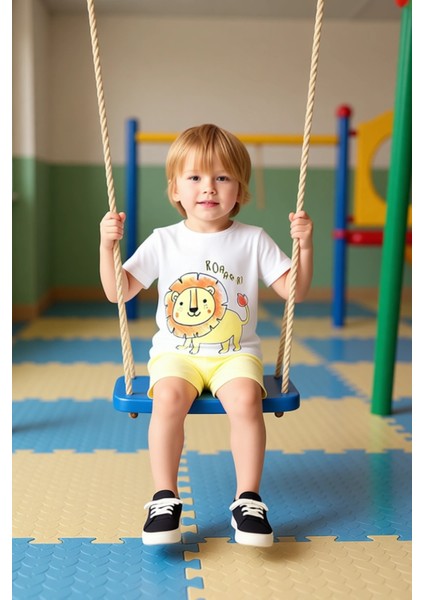 Erkek Bebek Pamuklu Ayıcık Baskılı Örme Kısa Kollu Takım Kaliteli Şık Rahat Günlük