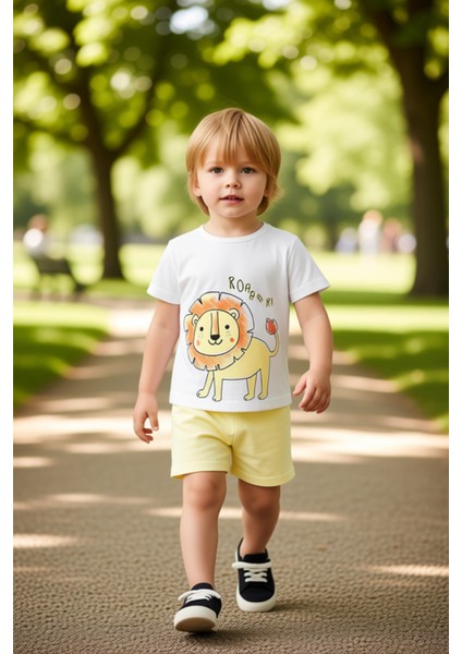 Erkek Bebek Pamuklu Ayıcık Baskılı Örme Kısa Kollu Takım Kaliteli Şık Rahat Günlük modelleri