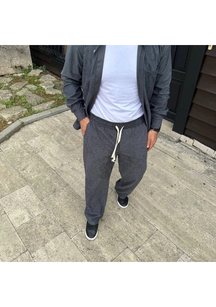 Erkek Fitilli Kadife Cepli Buggy Pantolon Oversize Rahat Kalıp - Füme fırsatları