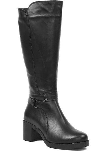 Kadın Siyah Fermuarlı Topuklu Deri Çizme modelleri