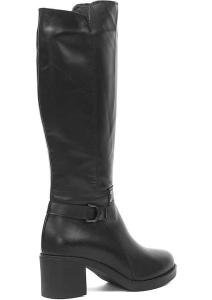 Kadın Siyah Fermuarlı Topuklu Deri Çizme