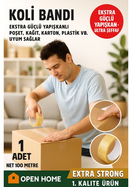 Open Home 100 Metre Şeffaf Koli Bandı – Extra Strong 40 Micron Kalınlık, Güçlü Yapışkan