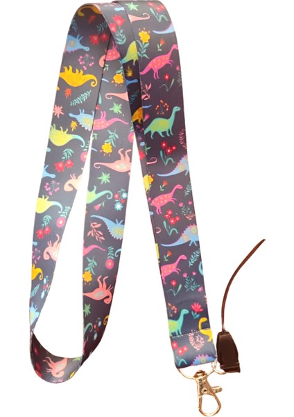 Renkli Dinazorlar Desenli Boyun Askı Ipi ve Telefon Askısı + Kartlık