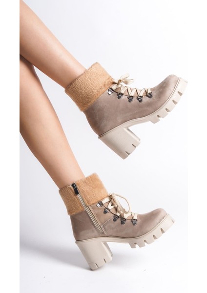 Emma Bağcıklı Fermuarlı Ortopedik Taban Topuklu Kürk Detaylı Süet Kadın Bot Stt - Ten fiyatları