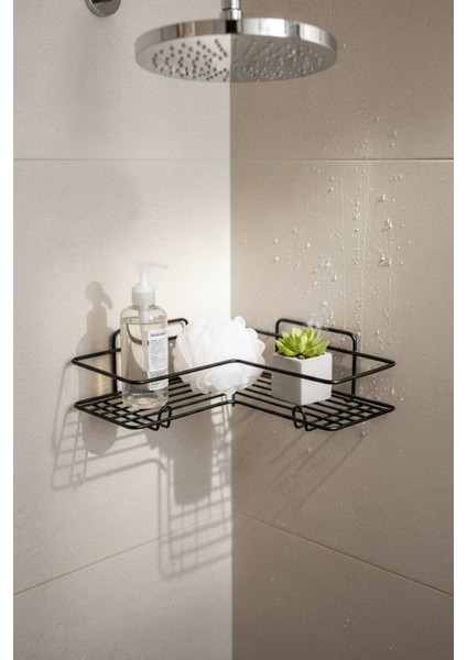 Siyah L Köşelik Kancalı Banyo Rafı, Dayanıklı Paslanmaz, Duş Şampuanlık, Köşe Düzenleyici Raf (Tekli)