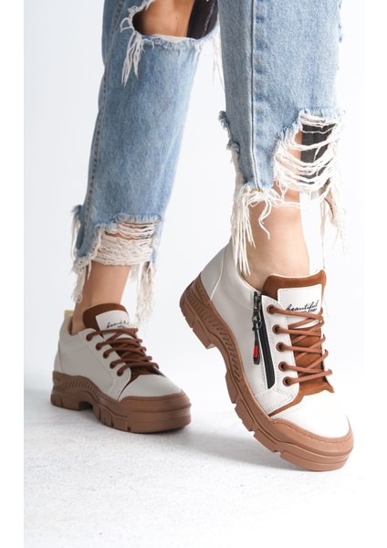 Agatha Bağcıklı Fermuarlı Ortopedik Taban Kadın Sneaker Spor Ayakkabı Ctt - Krem