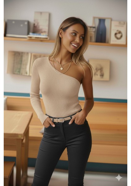 Kadın Taş Camel Bej Tek Omuz Kol Açık Üst Kalite Dokuma Uzun Kollu Fitilli Bluz Body fiyatları