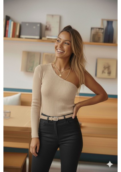 Kadın Taş Camel Bej Tek Omuz Kol Açık Üst Kalite Dokuma Uzun Kollu Fitilli Bluz Body fırsatları