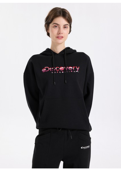 D5WL-SWT3577 Siyah Kapüşon Yaka Oversize Baskılı Kadın Sweatshırt