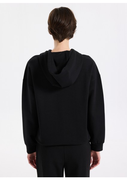 D5WL-SWT3577 Siyah Kapüşon Yaka Oversize Baskılı Kadın Sweatshırt indirimleri