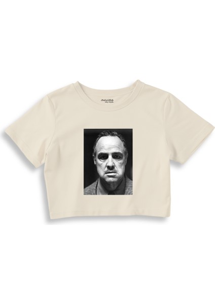Marlon Brando / Godfather 1972 Crop Tişört - Ekru