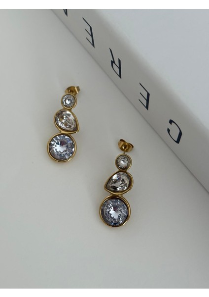 Yuvarlak ve Damla Model Kristal Taşlı Gold Çelik Vip Küpe modelleri