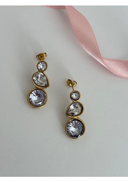 Yuvarlak ve Damla Model Kristal Taşlı Gold Çelik Vip Küpe