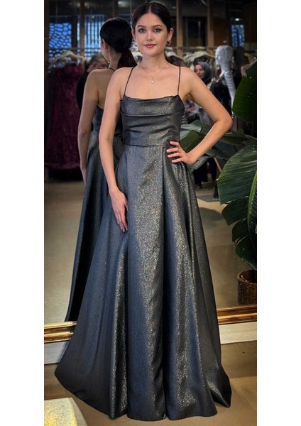 Siyah Degaje Yaka Ip Askılı Sırt Dekolteli Kloş Etekli Saten Uzun Abiye Elbise 11104-07