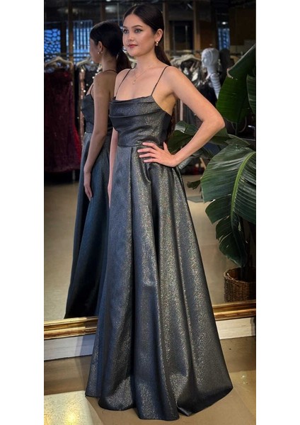 Siyah Degaje Yaka Ip Askılı Sırt Dekolteli Kloş Etekli Saten Uzun Abiye Elbise 11104-07 fiyatları