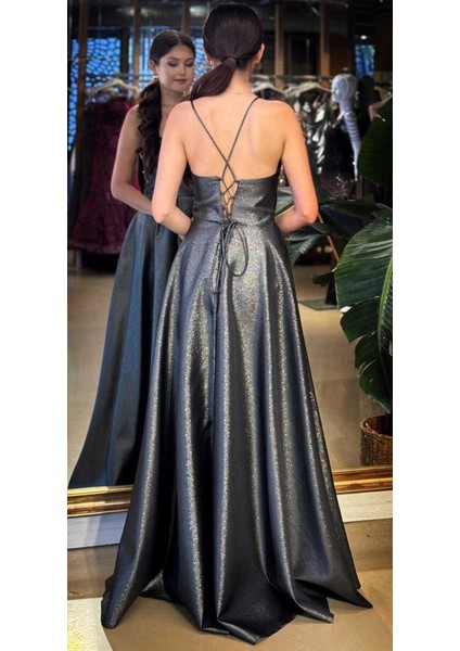 Siyah Degaje Yaka Ip Askılı Sırt Dekolteli Kloş Etekli Saten Uzun Abiye Elbise 11104-07 indirimleri