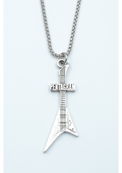 Pentagram Elektro Gitar Gümüş Kaplama Örme Zincir Kolye