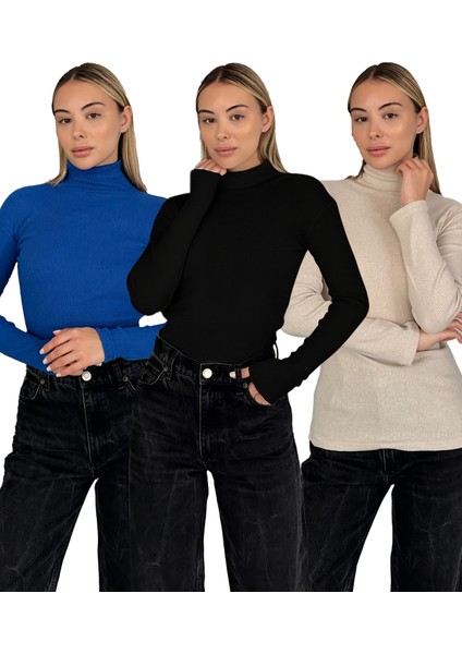 Unisex Pamuklu Balıkçı Yaka Boğazlı Kazak 3'lü Set