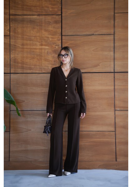 Selanik Kumaş Geniş Paça Düğmeli Ceketli Kadın Takım fiyatları