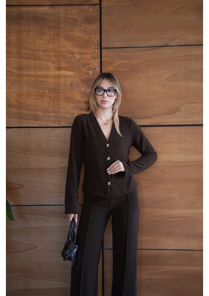 Selanik Kumaş Geniş Paça Düğmeli Ceketli Kadın Takım indirimleri