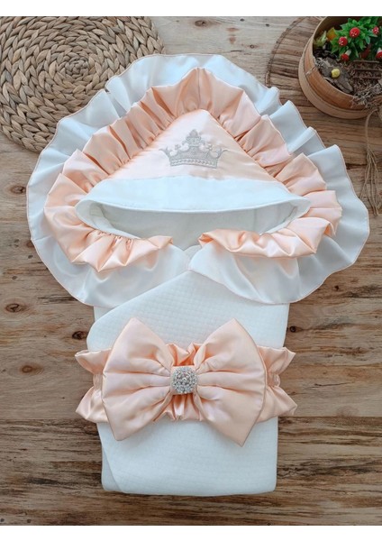 Litaetrend Yenidoğan Mehtap Lüks Kelebek Taç Nakışlı Bebek Battaniyesi Kundak Pudra