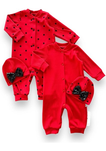 Litaetrend 0-3 3-6 6-9 Ay Payetli Şapka Çıtçıt Kapamalı Puantiyeli ve Düz 2 Li Kombin Kız Bebek Tulumları Kırmızı