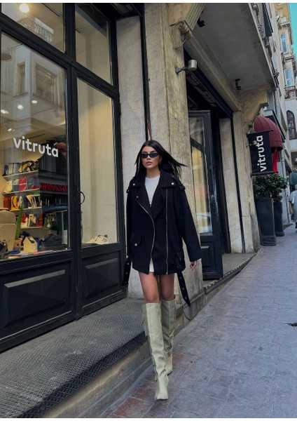 Kaşe Kaban Boyfriend Kalıp Etek Ucu Kemerli