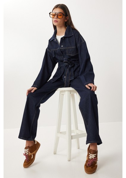 Kuşaklı Denim Ceket Pantolon Takım LRI0020 Koyu Mavi