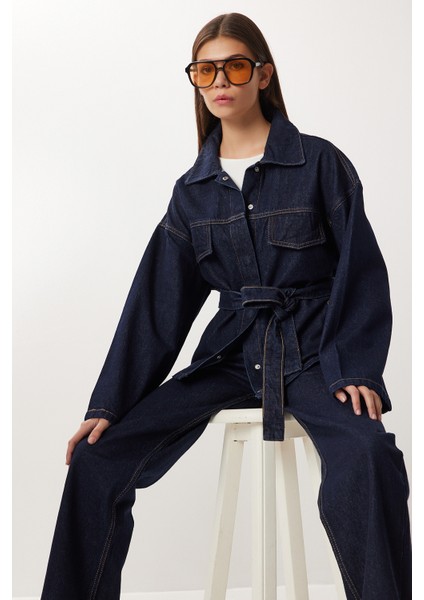 Kuşaklı Denim Ceket Pantolon Takım LRI0020 Koyu Mavi fiyatları