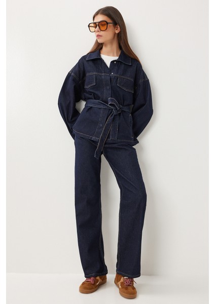 Kuşaklı Denim Ceket Pantolon Takım LRI0020 Koyu Mavi modelleri