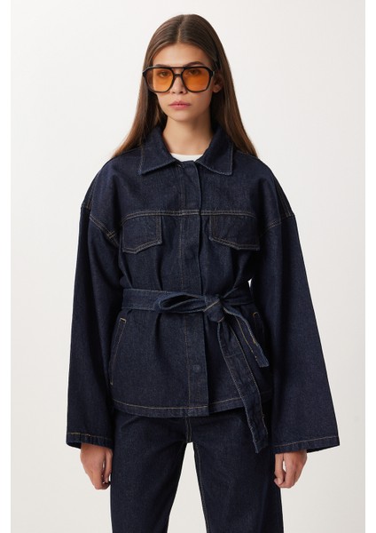 Kuşaklı Denim Ceket Pantolon Takım LRI0020 Koyu Mavi indirimleri