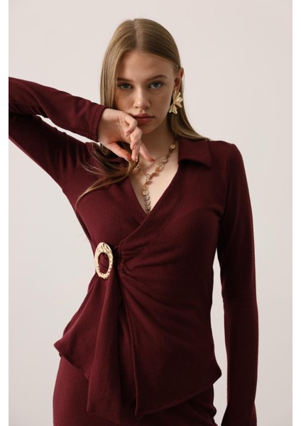 Vişne Çürüğü Rengi Toka/broş Aksesuarlı Vücudu Saran Fit Uzun Elbise Likralı Kumaş