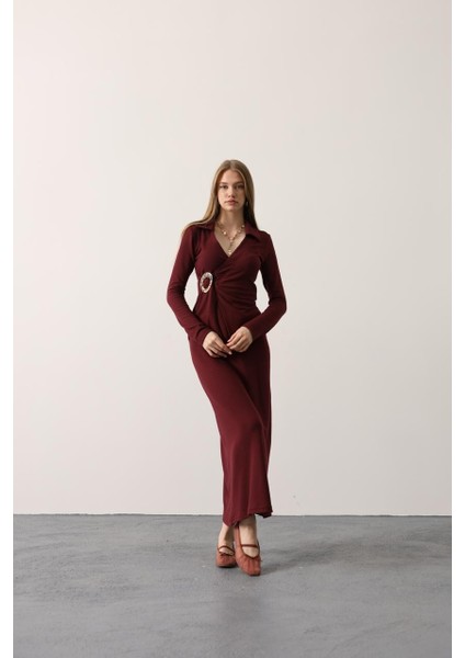 Vişne Çürüğü Rengi Toka/broş Aksesuarlı Vücudu Saran Fit Uzun Elbise Likralı Kumaş fiyatları