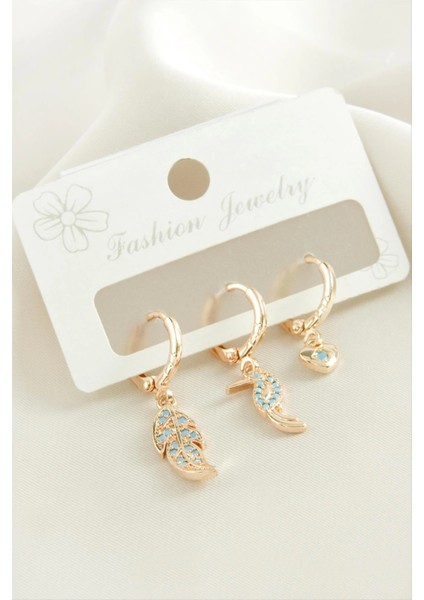 3 Adet Yaprak Zirkon Taşlı Küpe