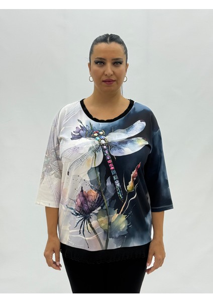 Büyük Beden Yusufçuk Kuşu Motifli Taşlı Kapri Kol Viskon Kadın Bluz