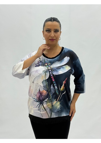 Büyük Beden Yusufçuk Kuşu Motifli Taşlı Kapri Kol Viskon Kadın Bluz fiyatları