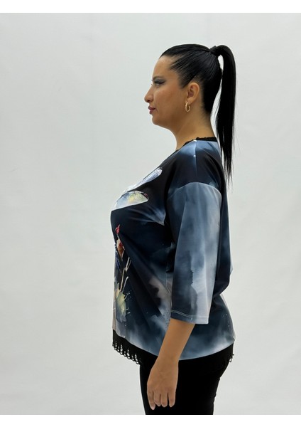 Büyük Beden Yusufçuk Kuşu Motifli Taşlı Kapri Kol Viskon Kadın Bluz modelleri