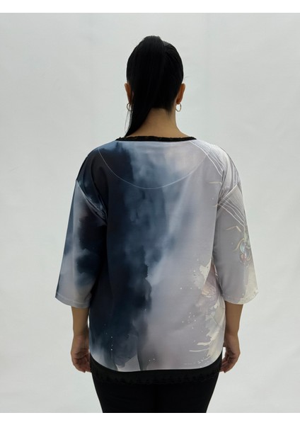 Büyük Beden Yusufçuk Kuşu Motifli Taşlı Kapri Kol Viskon Kadın Bluz fırsatları