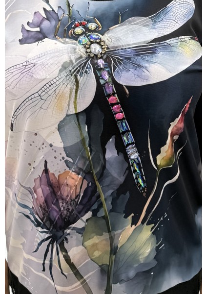 Büyük Beden Yusufçuk Kuşu Motifli Taşlı Kapri Kol Viskon Kadın Bluz indirimleri