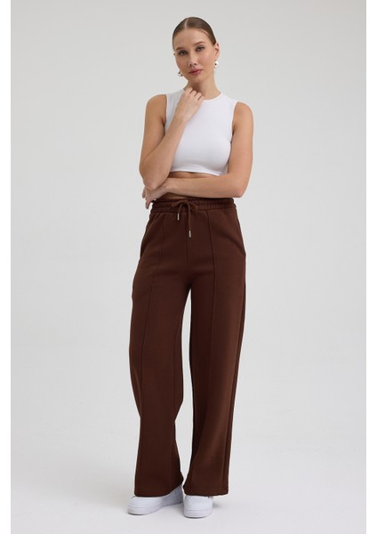 Kadın Yüksek Bel Nervürlü Kışlık Polarlı Paça Dikişli Bol Paça Eşofman Altı Kahve