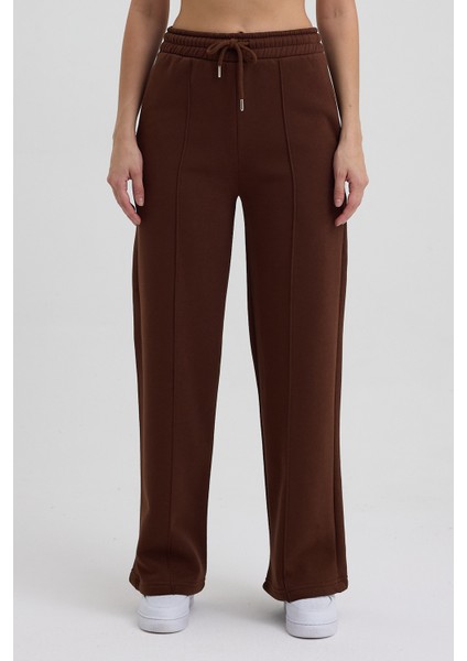 Kadın Yüksek Bel Nervürlü Kışlık Polarlı Paça Dikişli Bol Paça Eşofman Altı Kahve fiyatları