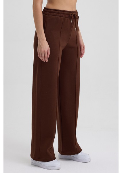 Kadın Yüksek Bel Nervürlü Kışlık Polarlı Paça Dikişli Bol Paça Eşofman Altı Kahve modelleri