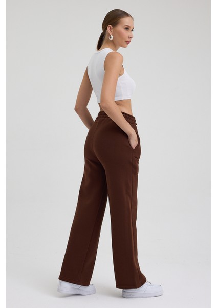 Kadın Yüksek Bel Nervürlü Kışlık Polarlı Paça Dikişli Bol Paça Eşofman Altı Kahve indirimleri