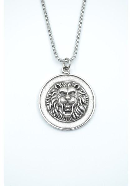 Aslan Madalyon Gümüş Kaplama Örme Zincir Kolye
