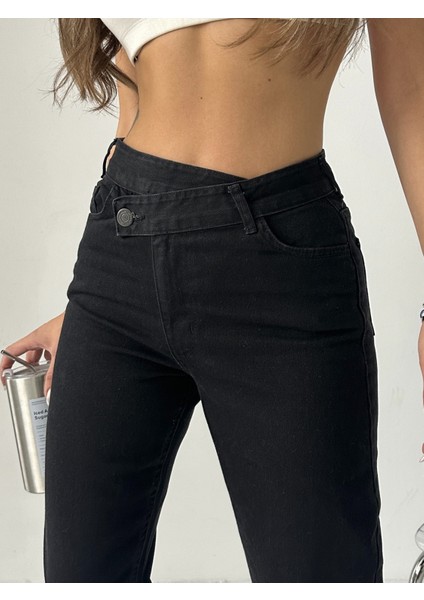 Kadın Ön Asimetri Mom Jeans Pantolon fırsatları