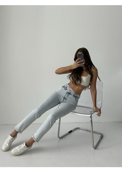 Kadın Ön Asimetri Mom Jeans Pantolon