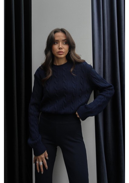 Lacivert Saç Örgülü Triko Kazak modelleri