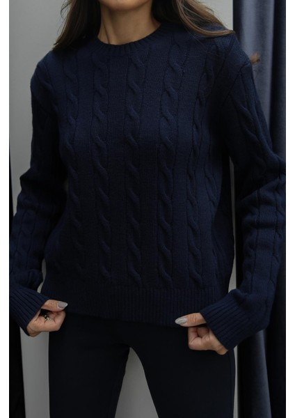Lacivert Saç Örgülü Triko Kazak fırsatları
