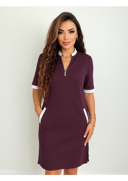 Kadın Kısa Kollu Yakadan Fermuarlı Cepli Yandan Yırtmaçlı Viskon Elbise