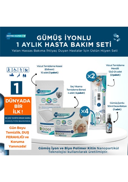 1 Aylık Hasta Bakım Seti – (Vücut Kesesi, 2x Mendil, 4x Saç Bonesi, 50 ml Dezenfektan